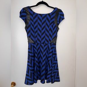 Blue/black chevron dress with leather accent